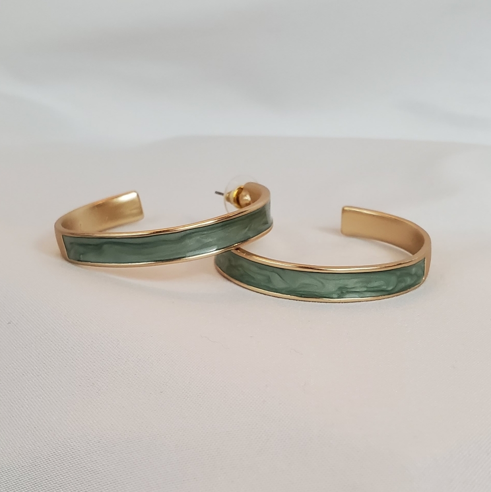 Green gold hoop earrings, jade color green inlay in gold color hoops, stud posts